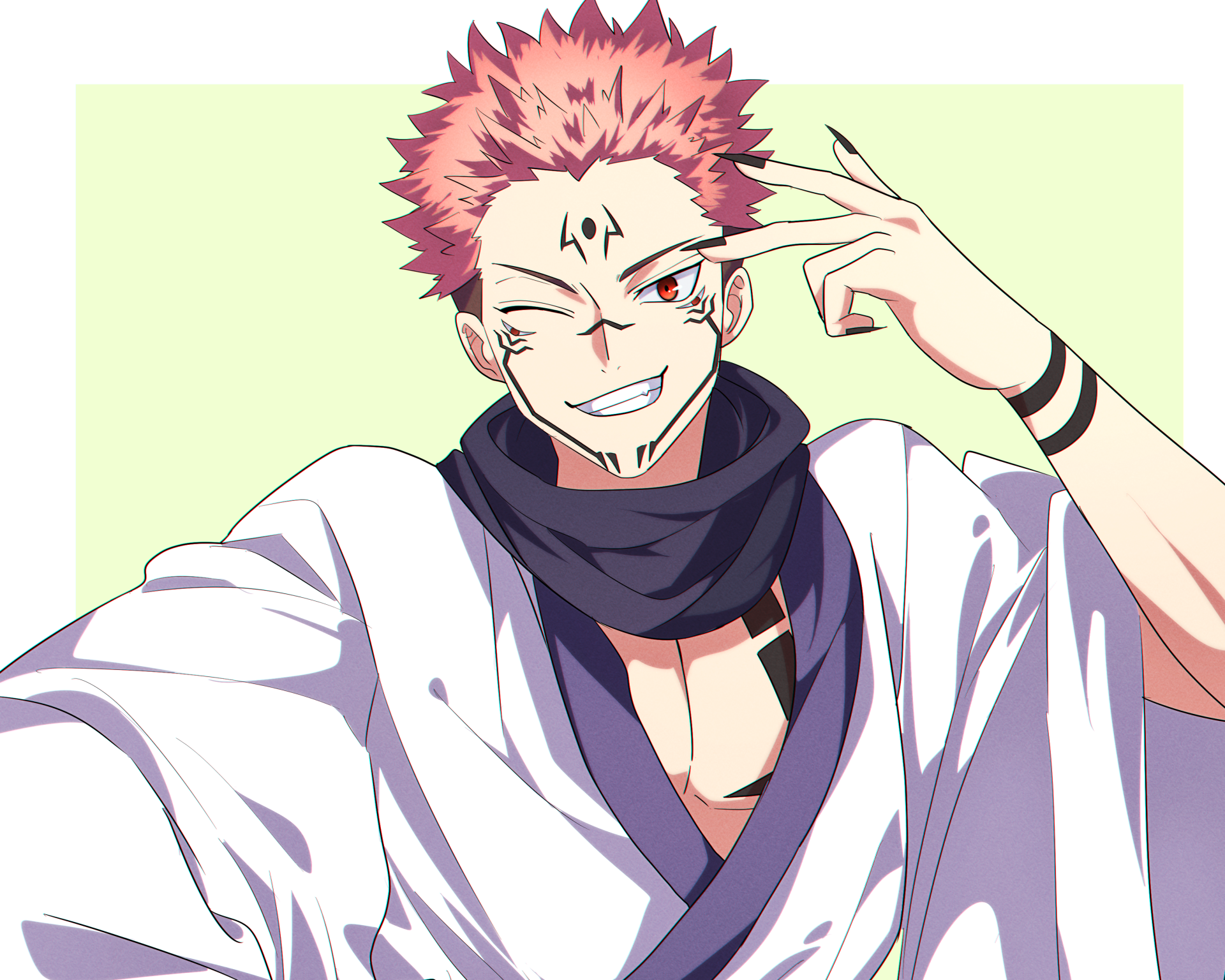 HD PC desktop wallpaper featuring Sukuna from the anime Jujutsu Kaisen, showcasing his confident expression and distinctive markings.