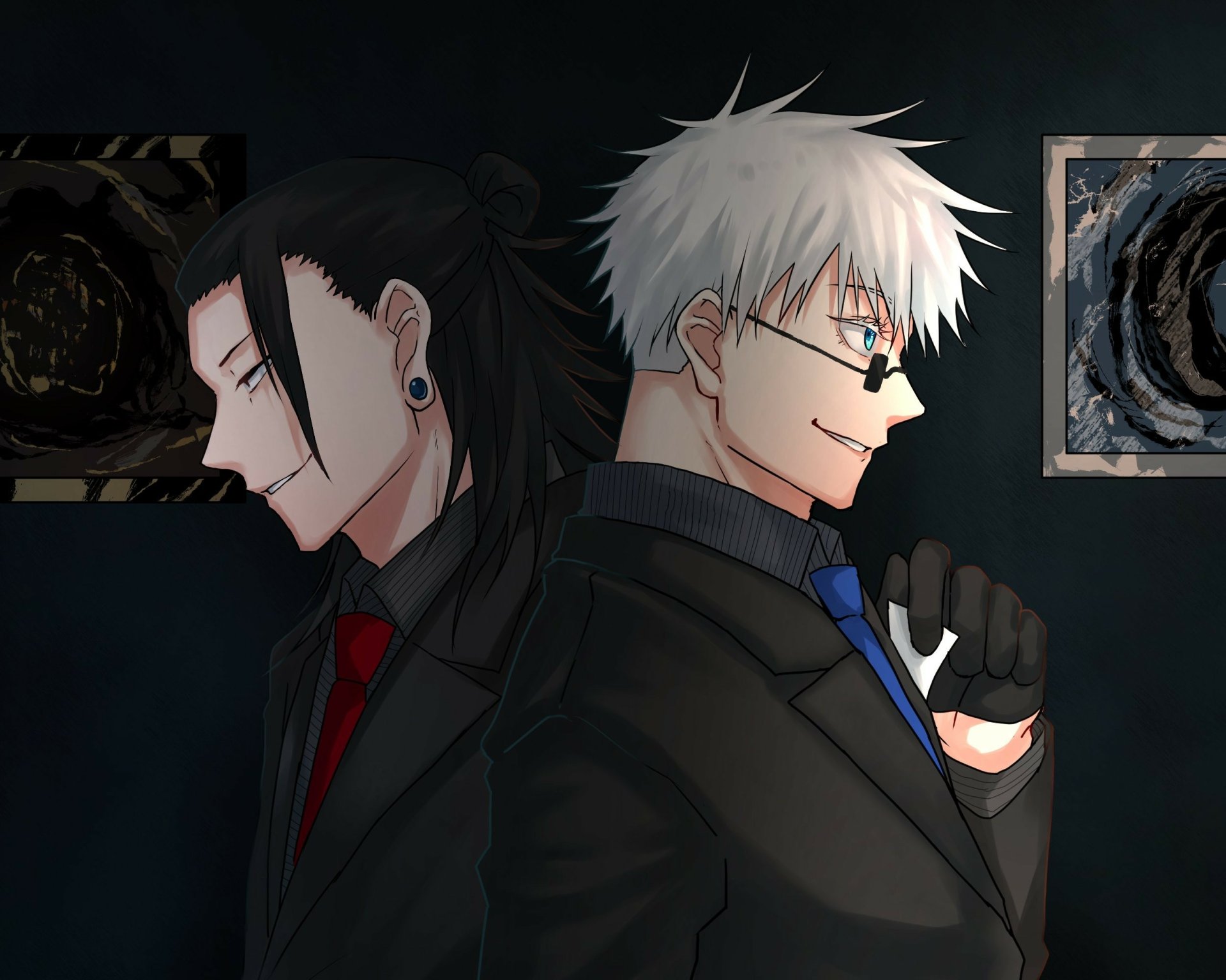 HD PC desktop wallpaper of Satoru Gojo and Suguru Geto from Jujutsu Kaisen, standing back-to-back in dark suits—Gojo with white hair and glasses, Geto with long black hair and a red tie.