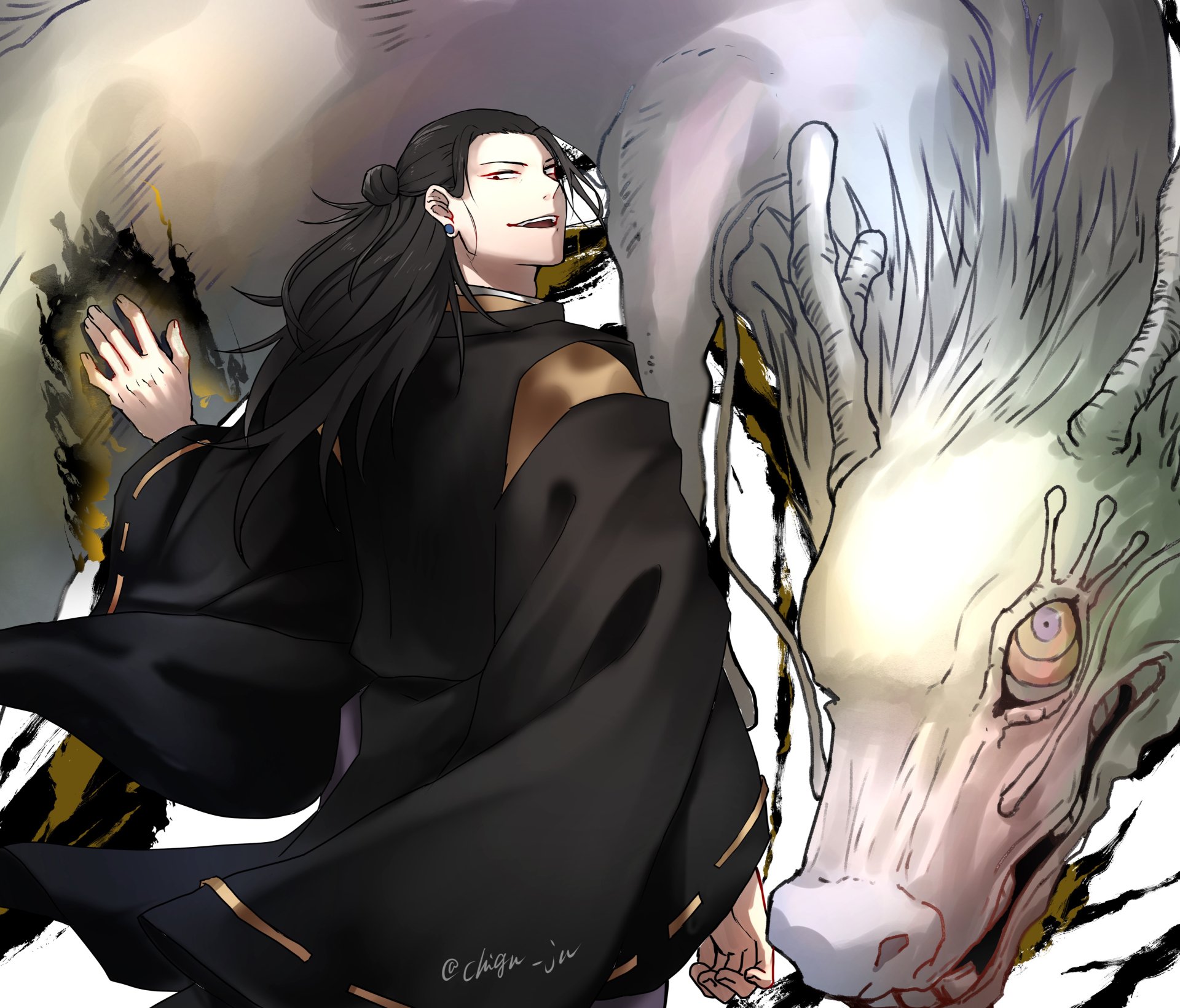 Suguru Geto from the anime Jujutsu Kaisen stands confidently beside a large, mystical creature in this 4K Ultra HD PC desktop wallpaper.