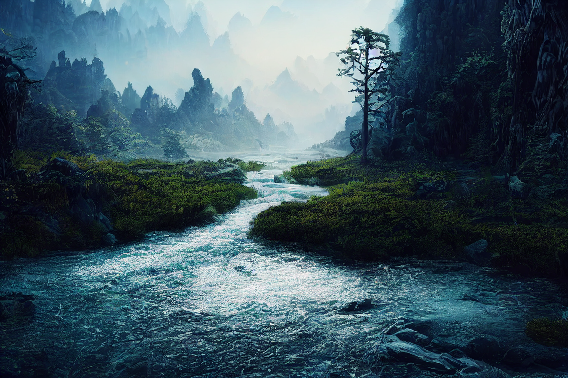 HD PC desktop wallpaper featuring AI art of a serene mountain landscape with a flowing river surrounded by lush greenery and misty environment.