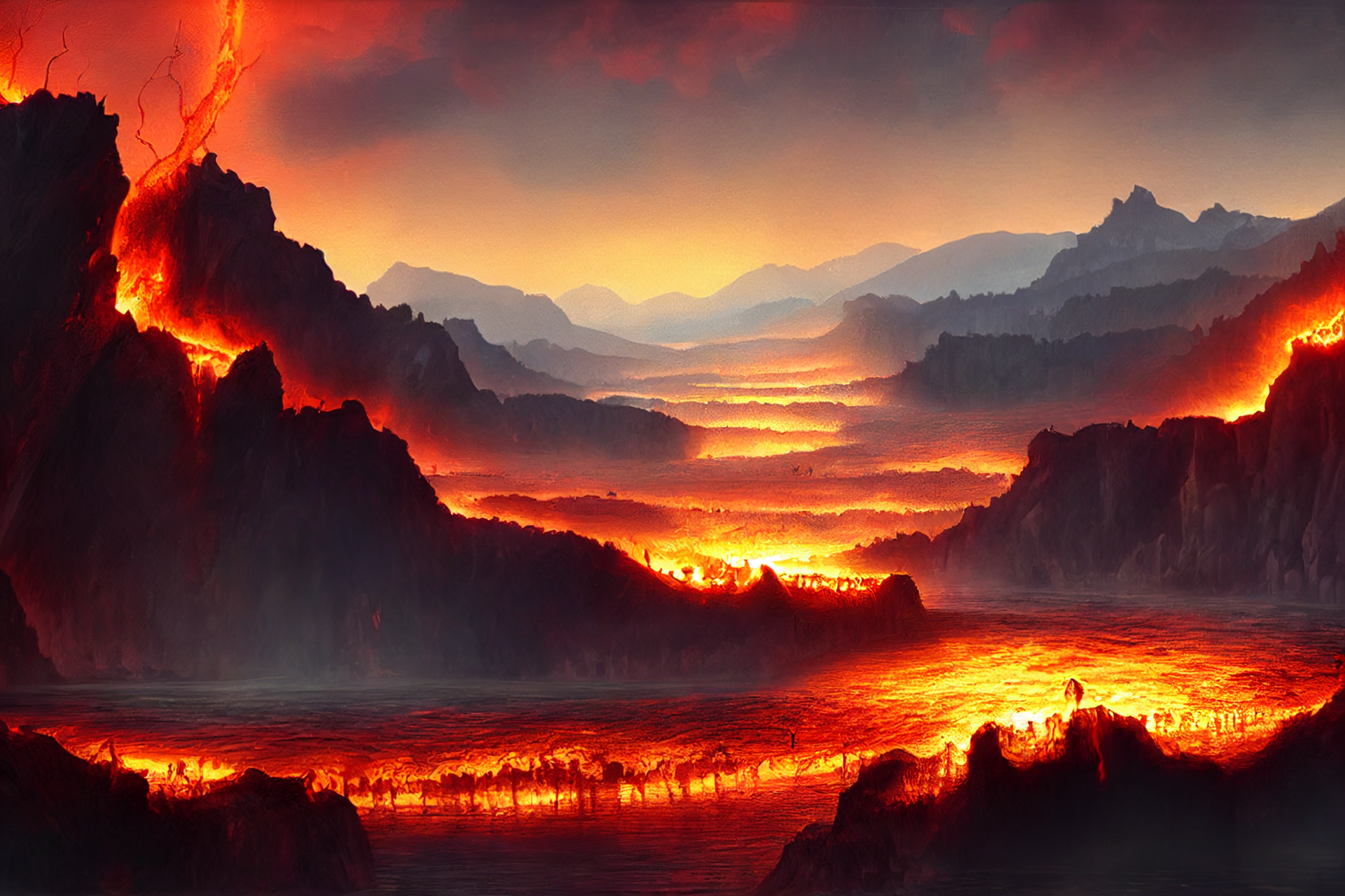 HD PC desktop wallpaper featuring a dark, fiery landscape with glowing lava rivers and jagged mountains, created as AI art painting.