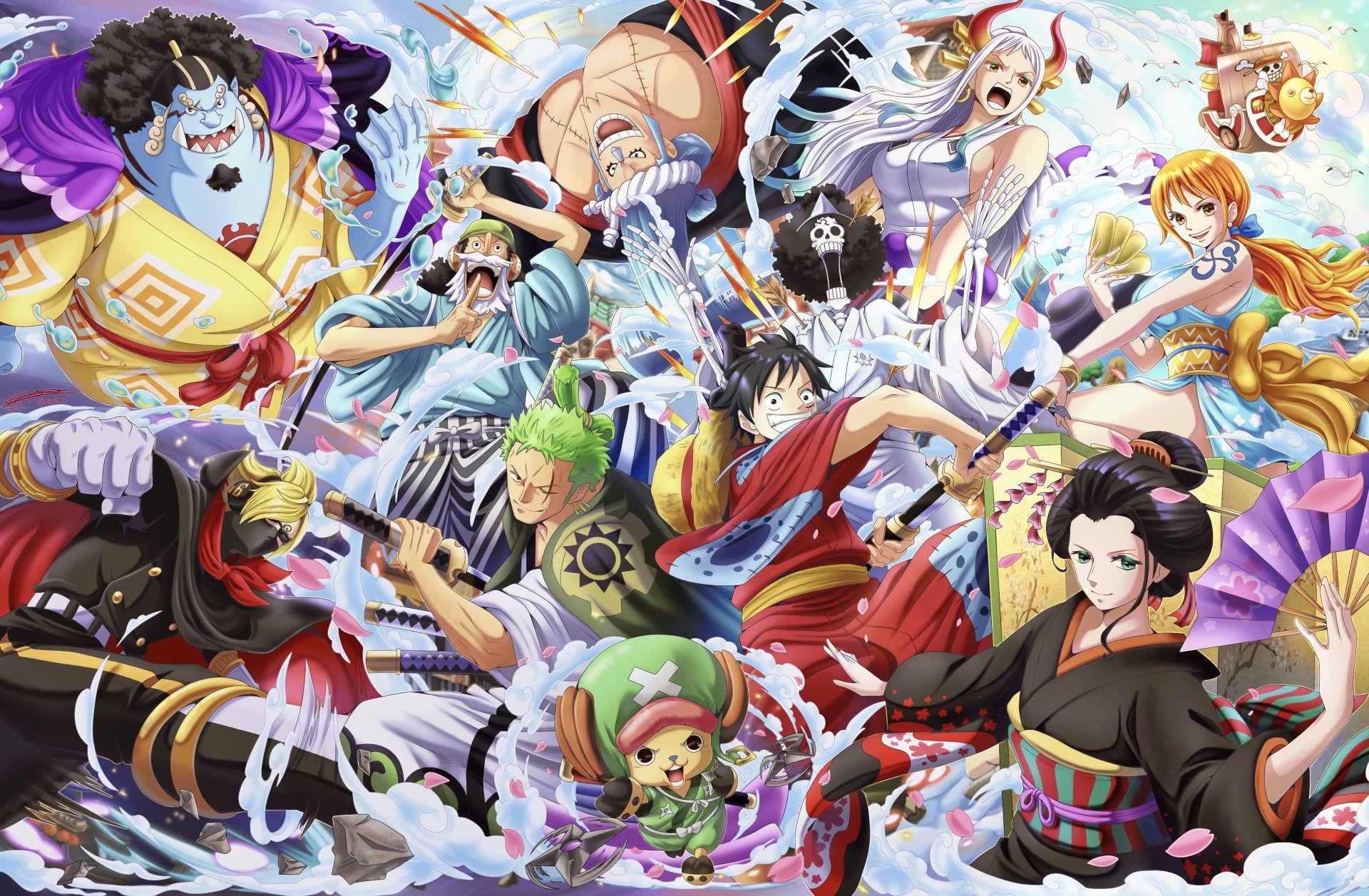 HD PC desktop wallpaper featuring One Piece characters Monkey D. Luffy, Nico Robin, Tony Tony Chopper, Roronoa Zoro, and Sanji in dynamic anime action.