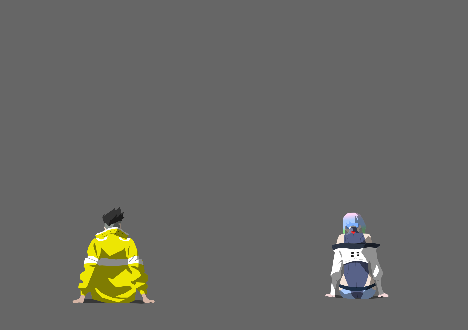 Minimalist HD PC desktop wallpaper featuring two anime characters from Cyberpunk: Edgerunners, sitting with backs turned against a solid gray background.