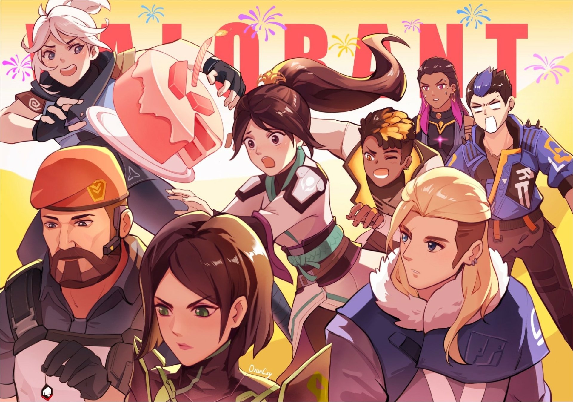 HD Valorant desktop wallpaper featuring stylized artwork of agents Sage, Sova, Viper, Brimstone, and Jett from the video game.