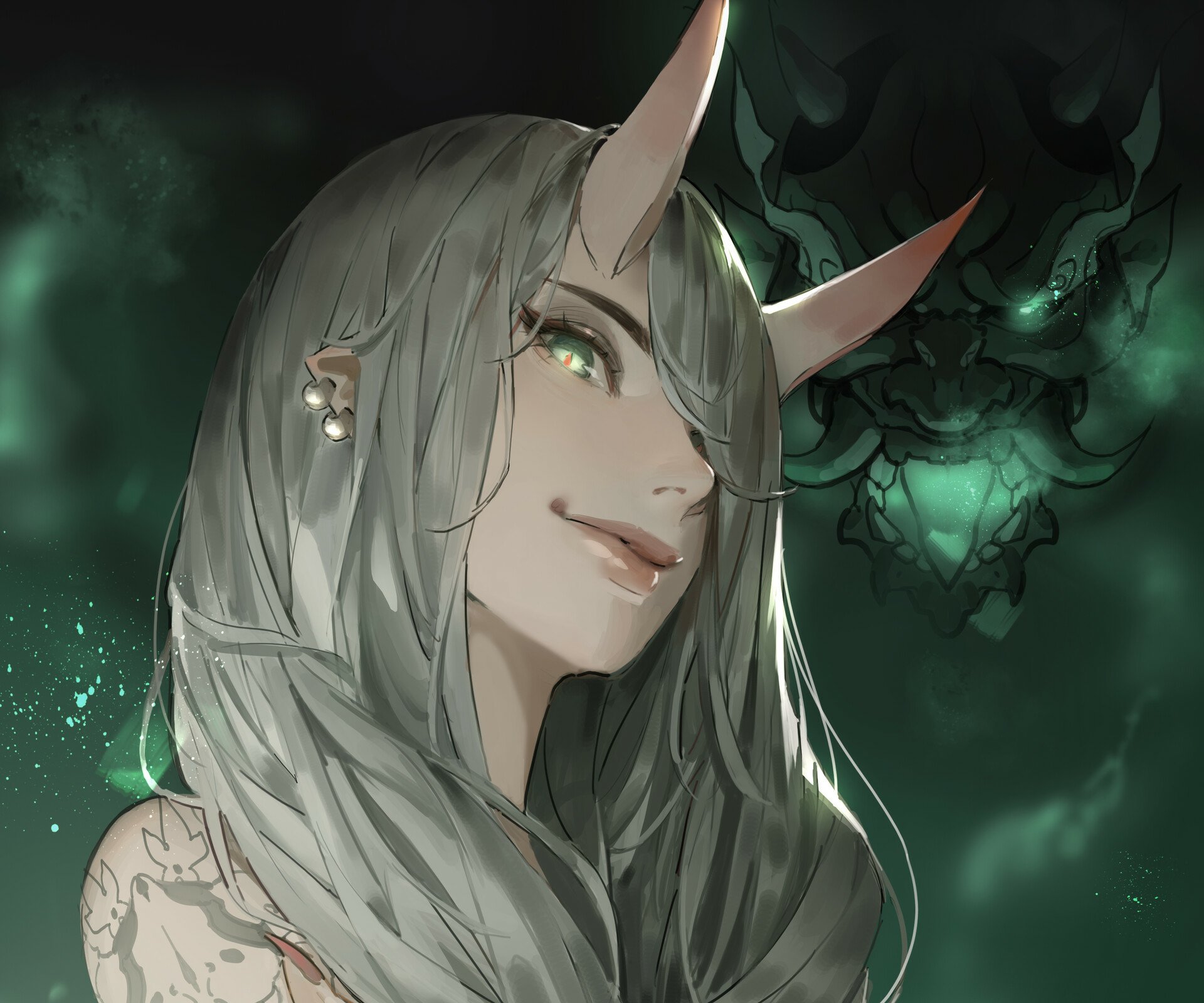 HD fantasy PC wallpaper featuring a close-up of a demon with pale skin, long silver hair, glowing eyes, and curved horns against a dark, eerie green background.