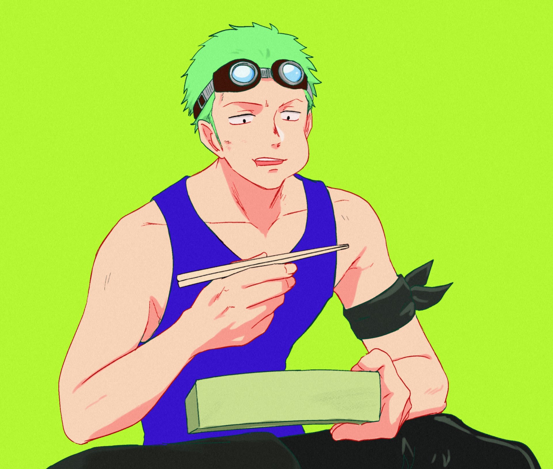 HD PC desktop wallpaper featuring Roronoa Zoro from the anime One Piece, depicted with green hair and goggles, holding chopsticks against a bright green background.