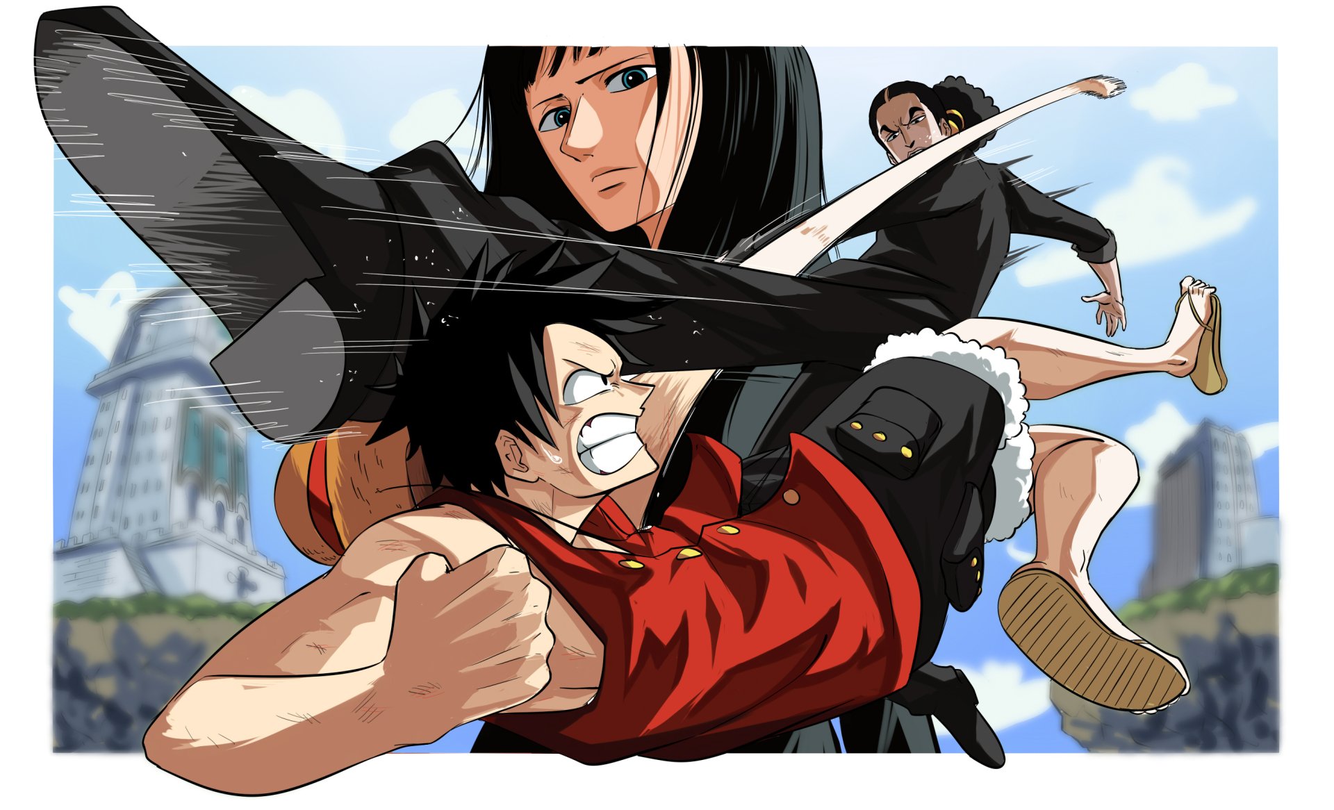 HD anime desktop wallpaper featuring One Piece characters Monkey D. Luffy, Nico Robin, and Aokiji in dynamic action poses against a bright sky backdrop.