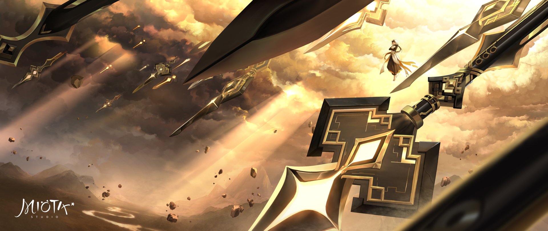 4K Ultra HD PC desktop wallpaper featuring Zhongli from Genshin Impact, set against a dramatic sky with golden light and floating geomantic weapons.