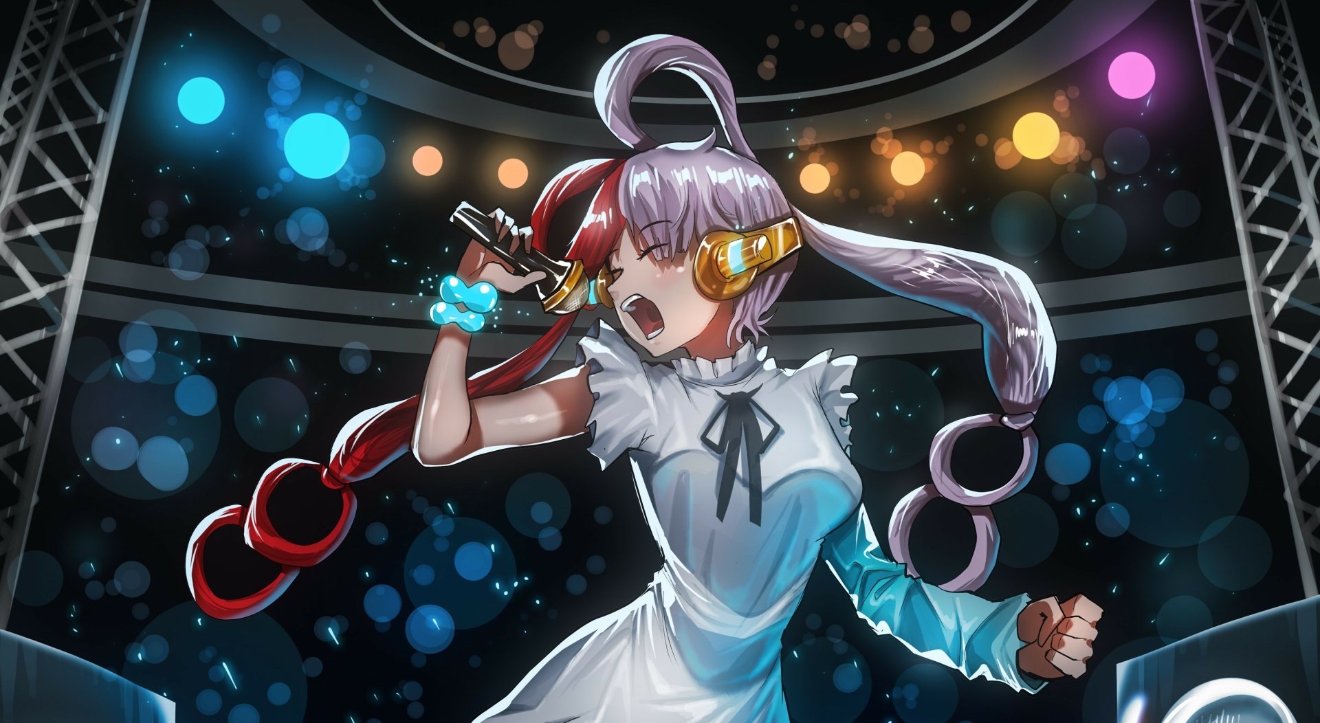 Uta (One Piece) singing onstage with headphones and mic, vibrant stage lights and bokeh; anime 2K Quad HD PC desktop wallpaper/background.