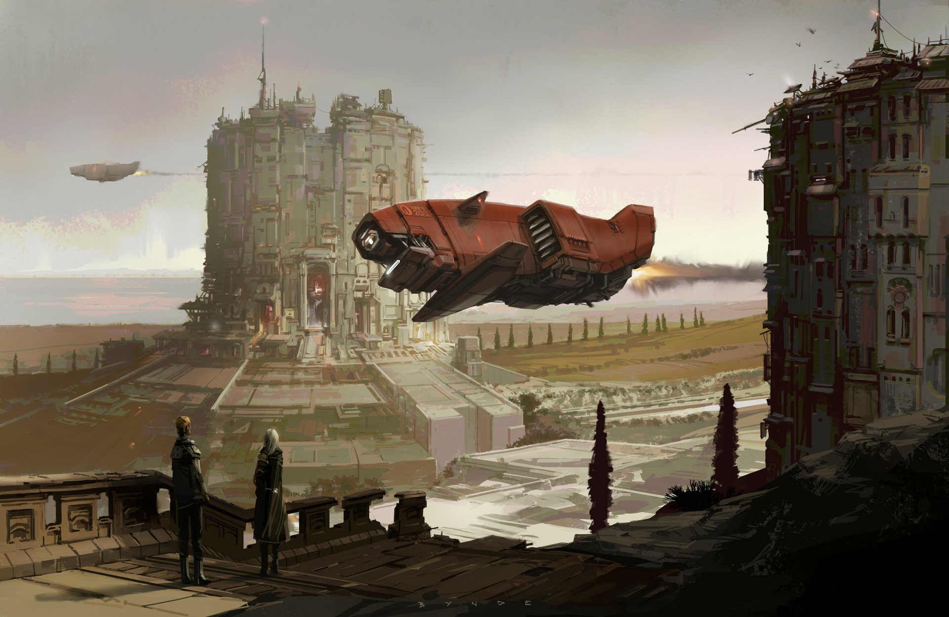 Sci-fi futuristic HD PC desktop wallpaper: a crimson hovercraft glides between towering, worn megastructures above a misty river as silhouetted figures watch from a terrace.