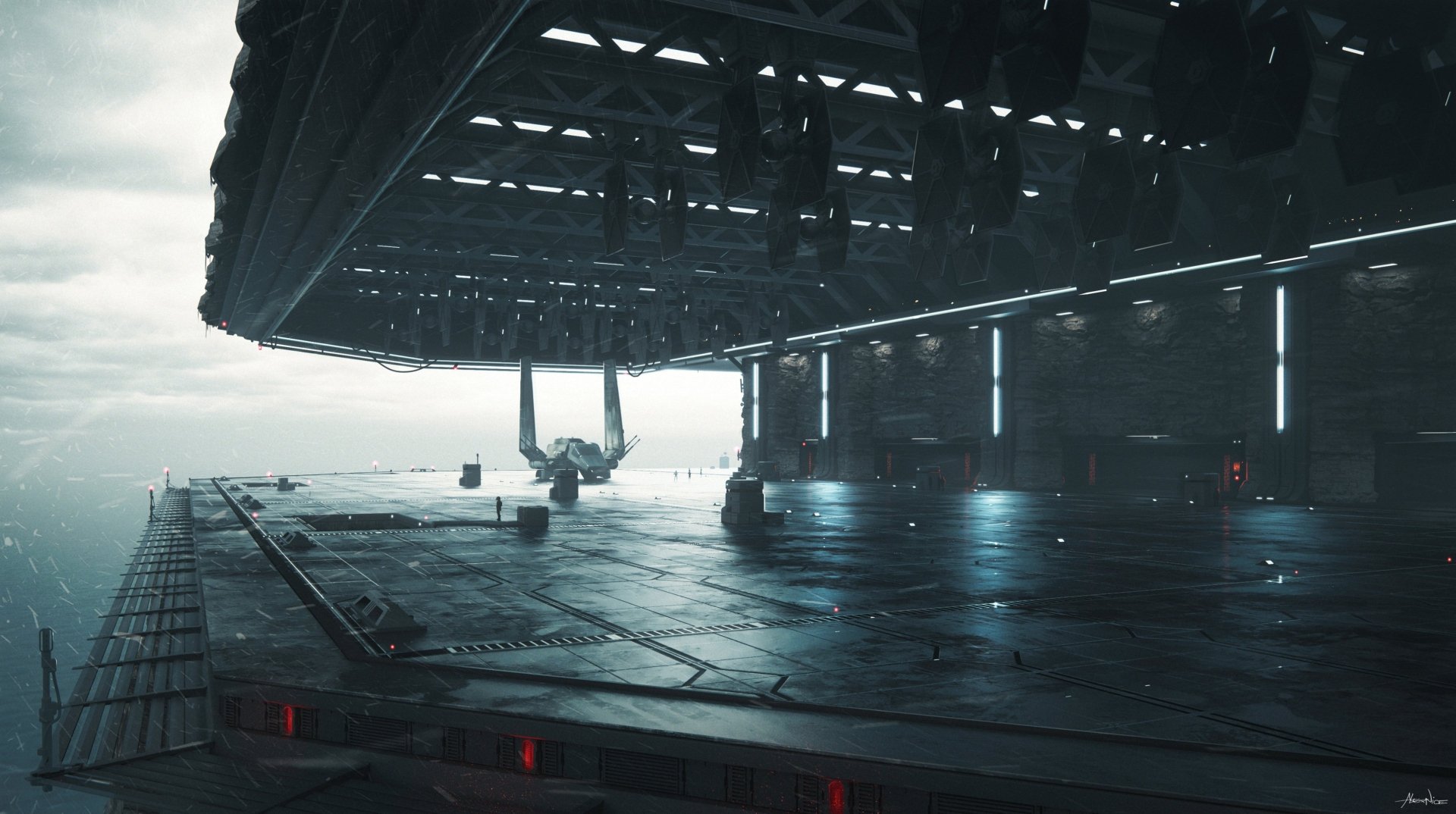 HD PC desktop wallpaper: Star Wars sci‑fi hangar bay with a shuttle on a rain‑slick deck beneath a massive carrier, moody teal lights and distant mist.