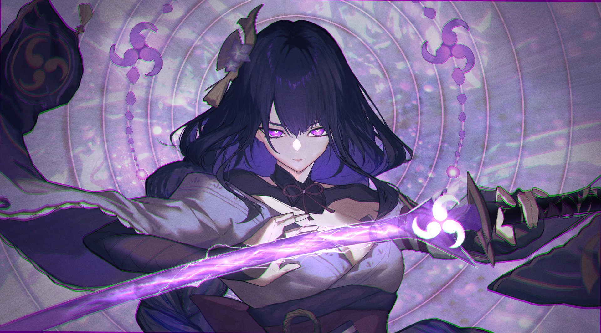 5K Ultra HD PC wallpaper of Baal (Raiden Shogun) from the video game Genshin Impact, wielding a glowing purple blade with violet eyes against a circular arcane sigil background.