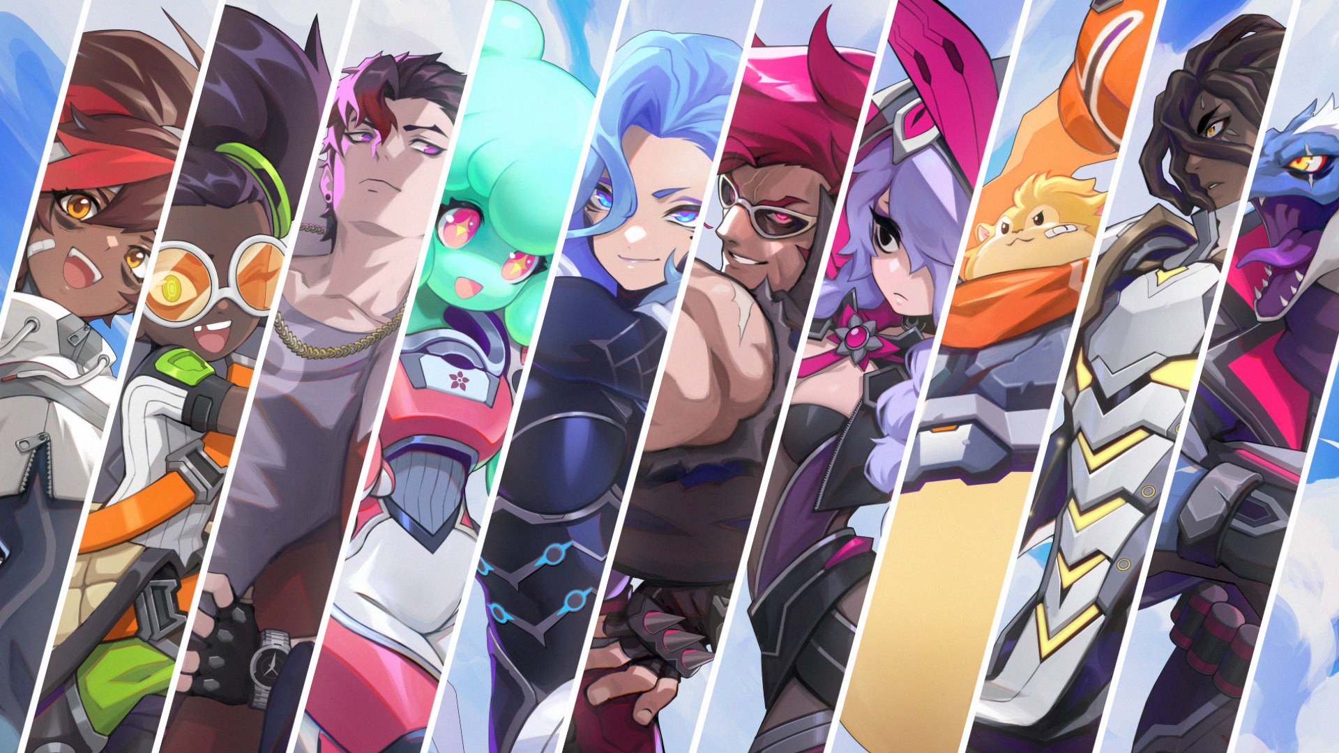 HD Omega Strikers characters desktop wallpaper showcasing animated players in dynamic poses for gaming background.