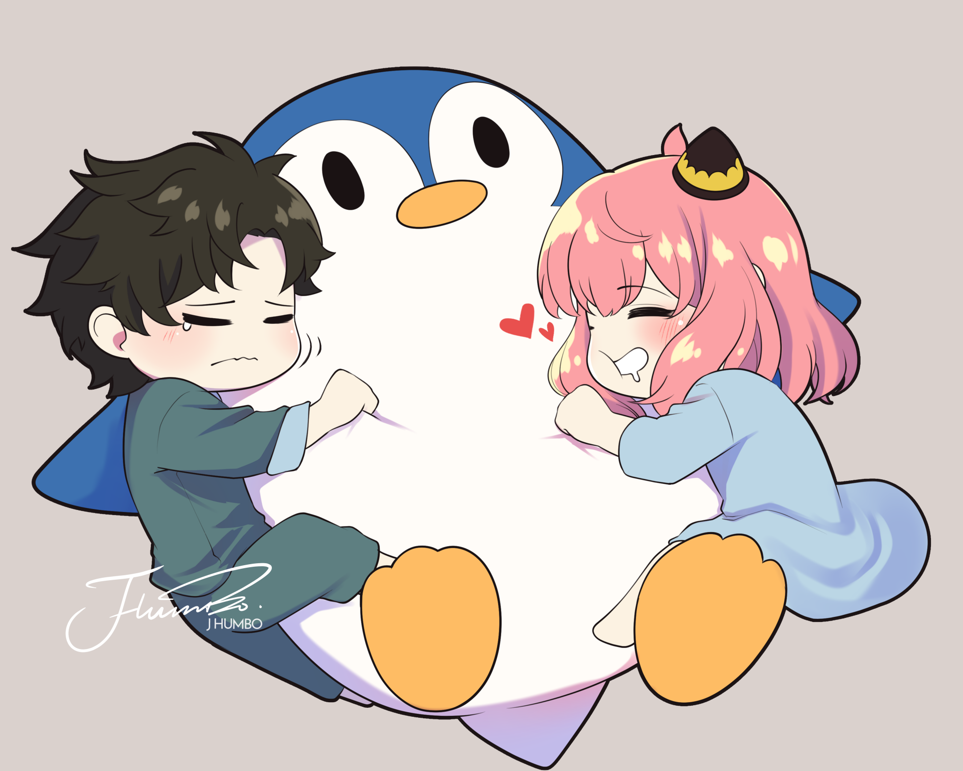 Chibi-style Anya Forger and Damian Desmond from Spy x Family cuddling a large penguin in a colorful 4K Ultra HD anime wallpaper.