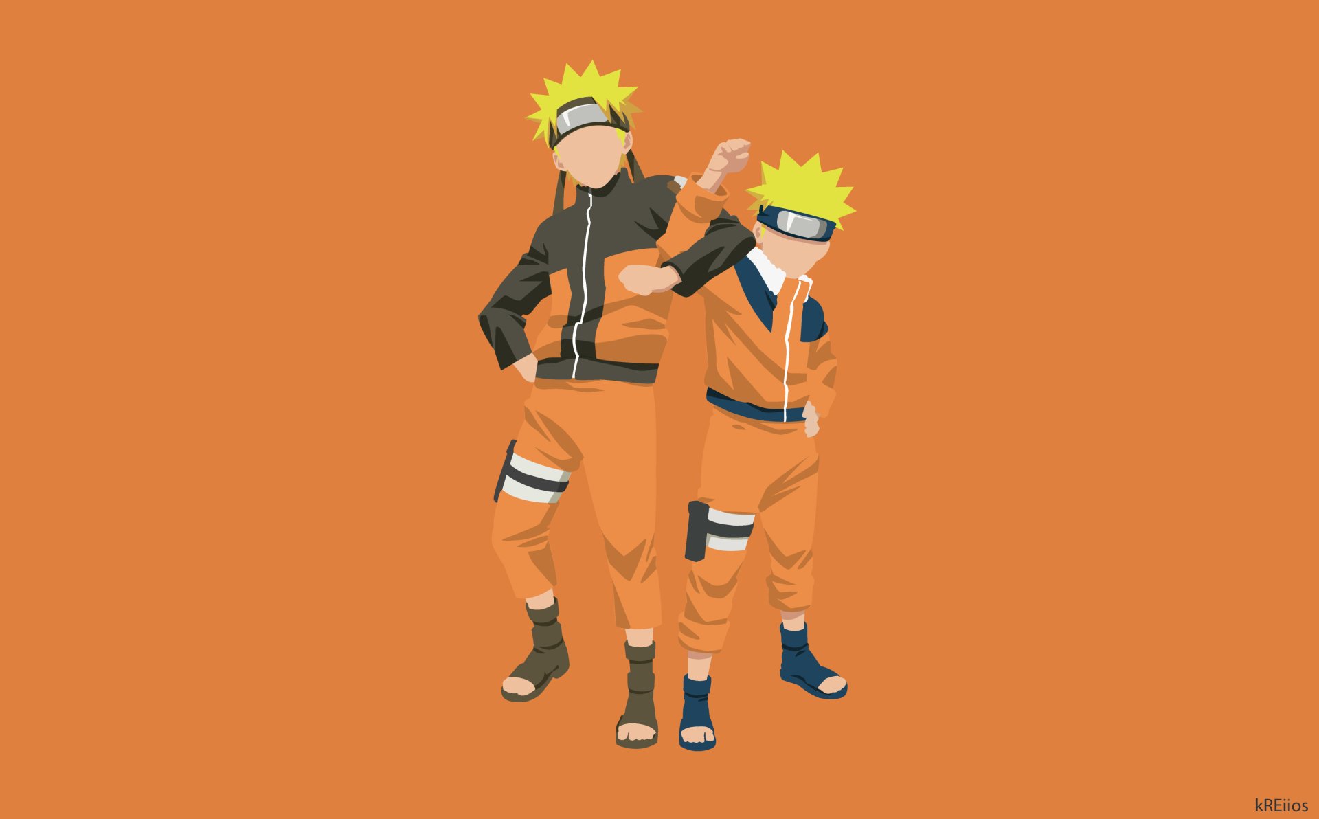 HD PC desktop wallpaper featuring two anime-style Naruto Uzumaki characters standing back to back against an orange background.
