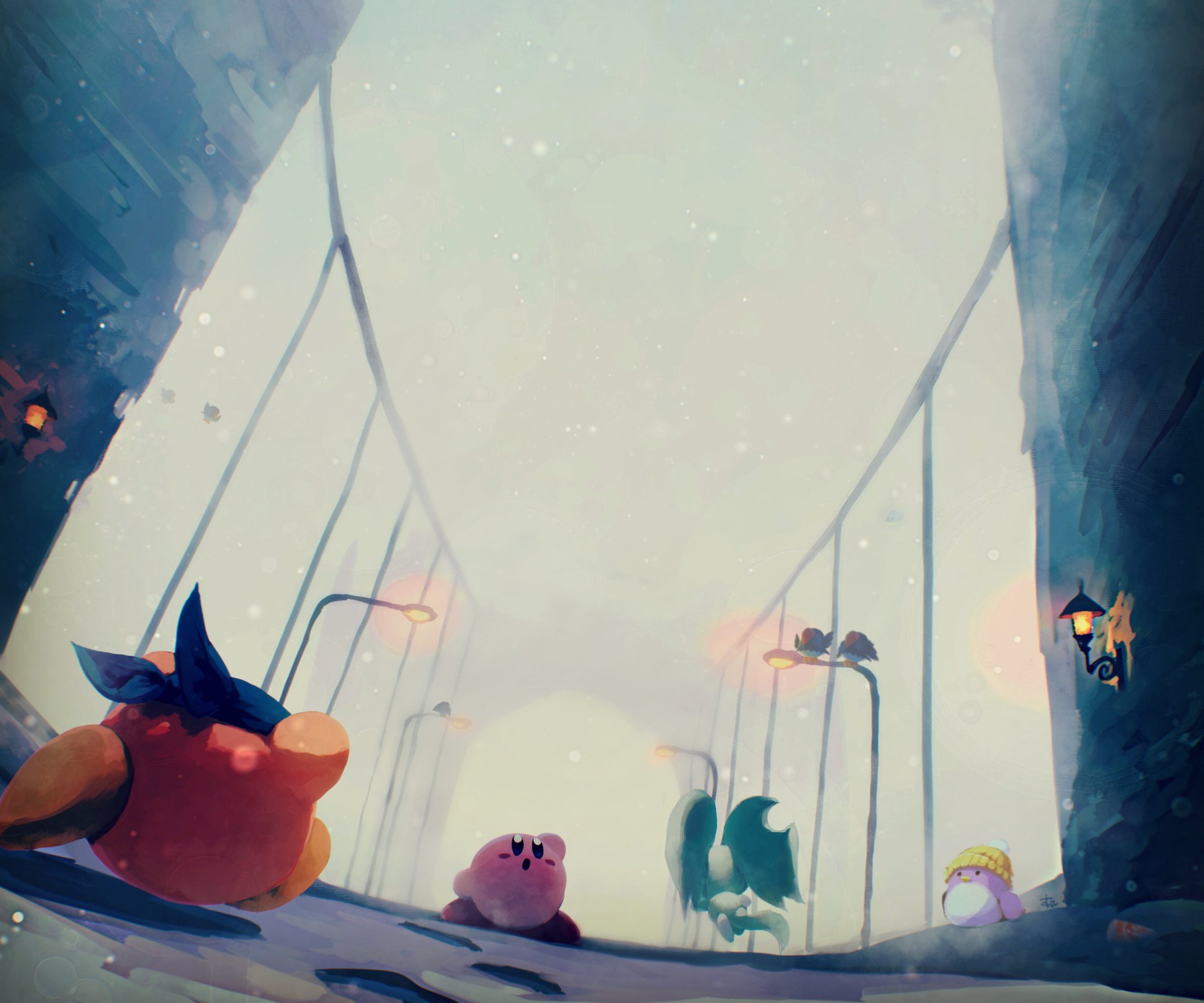 HD PC desktop wallpaper featuring Kirby from the video game, set in a dreamy, softly lit bridge scene with whimsical lighting and muted colors.