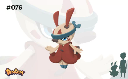 HD wallpaper featuring a character from the video game Temtem, showcasing a whimsical creature with a playful design. The background includes subtle silhouettes for added depth.