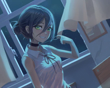 Reze (Chainsaw Man) anime HD PC desktop wallpaper: smiling green-eyed Reze in a sleeveless blouse by a moonlit window, cool blue lighting and a subtle room background.