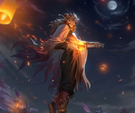 Kyojuro Rengoku (Demon Slayer: Kimetsu no Yaiba) — anime HD PC desktop wallpaper: heroic pose with blazing sword and drifting embers against a stormy night sky.