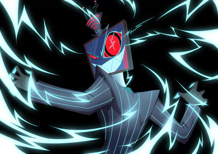 HD PC desktop wallpaper featuring Vox, the electrifying character from the TV show Hazbin Hotel, surrounded by dynamic blue lightning effects.