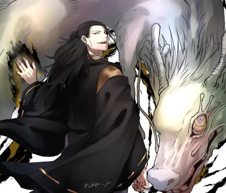 Suguru Geto from the anime Jujutsu Kaisen stands confidently beside a large, mystical creature in this 4K Ultra HD PC desktop wallpaper.