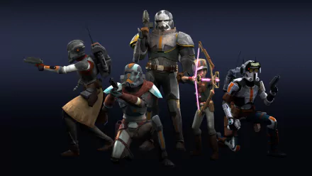 HD PC desktop wallpaper showing five armored clones from the TV show Star Wars: The Bad Batch in dynamic battle stances against a dark gradient background.