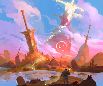 A vibrant fantasy landscape with towering swords embedded in the ground, glowing mystical symbols, and a lone explorer beneath an expansive sky, rendered as an HD PC desktop wallpaper.