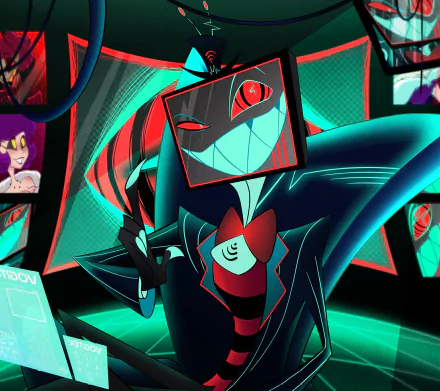 HD PC desktop wallpaper featuring Vox from the TV show Hazbin Hotel, showcasing vibrant neon colors and dynamic animation style.