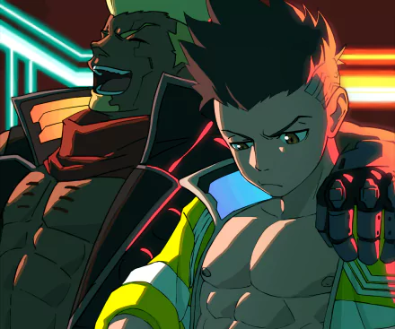 HD PC desktop wallpaper featuring David from the anime Cyberpunk: Edgerunners with vibrant neon lighting and intense expressions in a cyberpunk style.