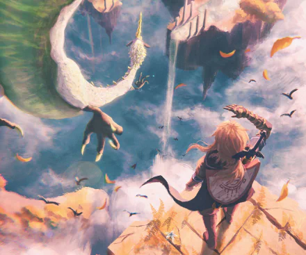 HD PC desktop wallpaper featuring Link from The Legend of Zelda: Tears of the Kingdom, soaring through a vibrant sky surrounded by birds and dynamic lighting.