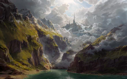 HD fantasy landscape depicting towering mountains, dense clouds, and a distant castle spire overlooking a serene lake, designed as a PC desktop wallpaper.