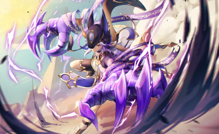 HD PC desktop wallpaper featuring Cyno from the video game Genshin Impact, depicted with dynamic purple energy and an intense action pose.
