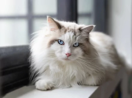 HD desktop wallpaper featuring a fluffy ragdoll cat with striking blue eyes resting by a window, showcasing its soft fur and calm expression.