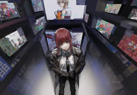 Makima from Chainsaw Man standing amid a wall of glowing monitors, looking up; anime HD PC desktop wallpaper/background with moody, cinematic lighting.