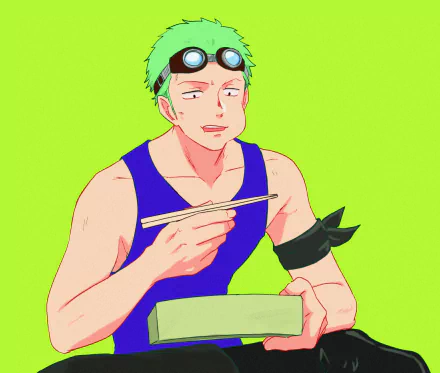 HD PC desktop wallpaper featuring Roronoa Zoro from the anime One Piece, depicted with green hair and goggles, holding chopsticks against a bright green background.