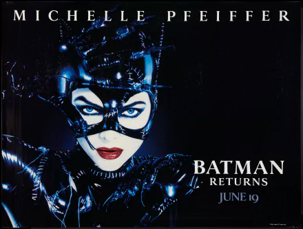 HD desktop wallpaper featuring Catwoman from the movie Batman Returns, showcasing her iconic black leather costume and mask with bold red lipstick.