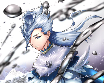 HD PC wallpaper of Nozel Silva (Black Clover): anime portrait with silver-blue swept hair, fur-trimmed cloak and metallic water droplets spiraling on a pale backdrop.