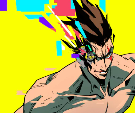 HD anime wallpaper featuring David from Cyberpunk: Edgerunners with glitch effects and vibrant colors on a bright yellow background.