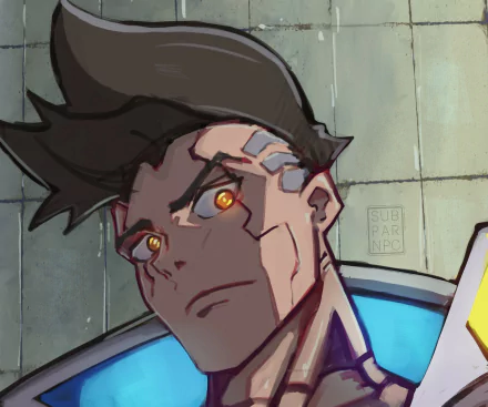 Close-up of David (Cyberpunk: Edgerunners), anime-style HD PC desktop wallpaper showing his cybernetic jaw and glowing orange eyes against a tiled industrial wall.