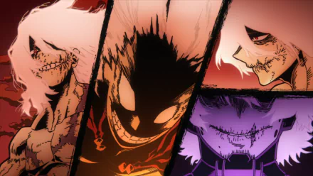 HD PC desktop wallpaper featuring Tomura Shigaraki from the anime My Hero Academia, showcasing multiple intense expressions in a dynamic, dark-themed design.