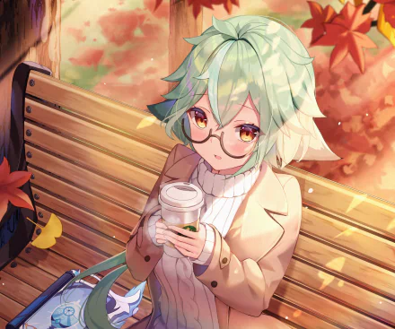 HD PC desktop wallpaper featuring Sucrose from Genshin Impact holding a cup, sitting on a bench surrounded by autumn leaves, showcasing vibrant colors and detailed artwork.