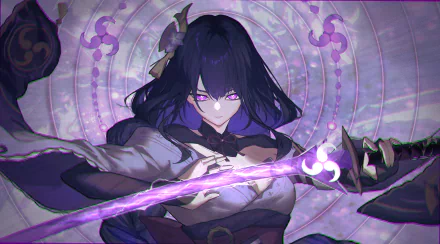 5K Ultra HD PC wallpaper of Baal (Raiden Shogun) from the video game Genshin Impact, wielding a glowing purple blade with violet eyes against a circular arcane sigil background.