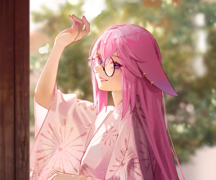 HD desktop wallpaper featuring Yae Miko Guuji from the video game Genshin Impact, showcasing her with pink hair and traditional attire in a sunlit outdoor setting.