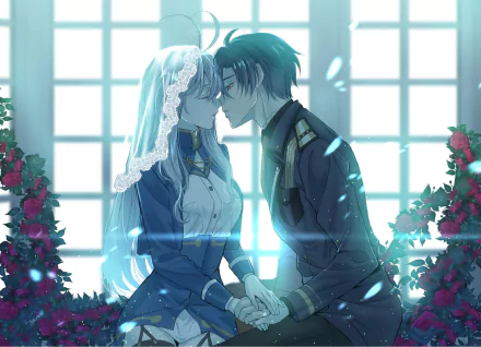 Vladilena Milizé and Shinei Nouzen from the anime Eighty Six share a close moment, set against a bright window with roses framing the HD PC desktop wallpaper.