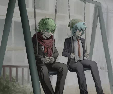 HD PC desktop wallpaper featuring Shin Tsukimi and Sou Hiyori from the video game Your Turn to Die, sitting side by side on swings in a muted, rainy setting.
