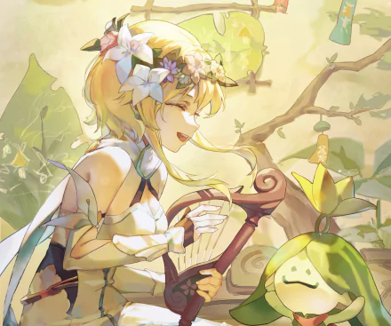 HD PC wallpaper featuring Lumine from Genshin Impact playing a harp, surrounded by glowing Aranara in a sunlit, nature-filled scene.