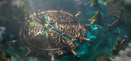 HD desktop wallpaper of a fantasy city surrounded by vibrant blue waters, detailed structures, and lush greenery, depicting a magical and intricate urban landscape.