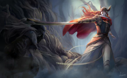 HD PC desktop wallpaper featuring Malenia, Blade of Miquella, from the video game Elden Ring, poised with her sword amidst a misty, dark fantasy environment.