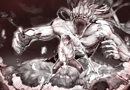 Yuta Okkotsu (Jujutsu Kaisen 0) charges forward, blade in hand, while a towering, snarling curse (Rika) looms behind him in a dramatic HD anime desktop wallpaper.