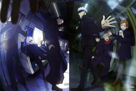 4K Ultra HD anime wallpaper featuring Satoru Gojo and Suguru Geto from Jujutsu Kaisen in dynamic poses inside a dimly lit train carriage.